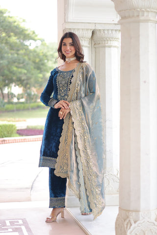 Blue Velvet Sequins & Zari Embroidered Premium Stitched Suit Set with Full-Sleeve Top, Velvet Pants & Fendy Cutwork Dupatta ClothsVilla