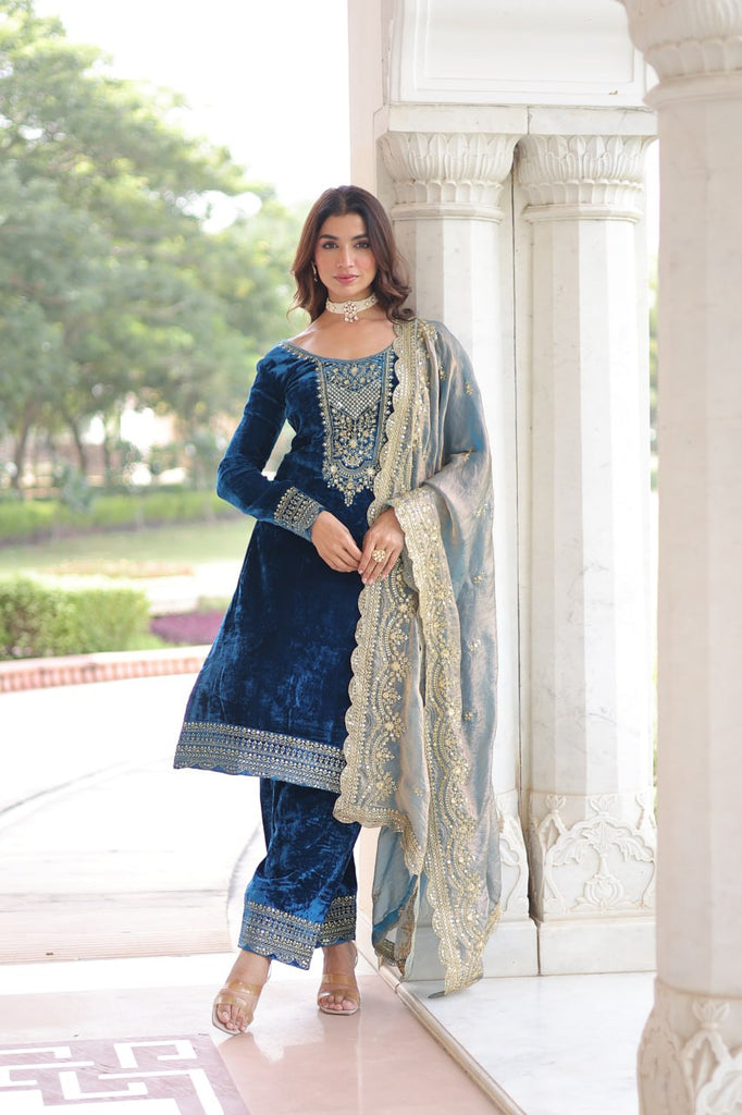Blue Velvet Sequins & Zari Embroidered Premium Stitched Suit Set with Full-Sleeve Top, Velvet Pants & Fendy Cutwork Dupatta ClothsVilla