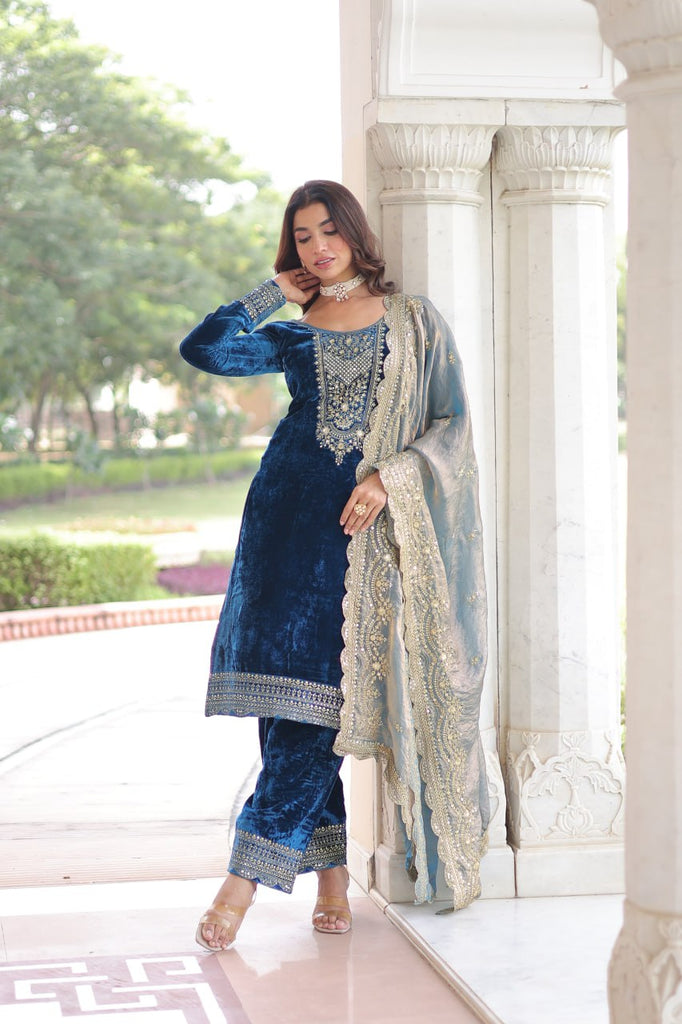 Blue Velvet Sequins & Zari Embroidered Premium Stitched Suit Set with Full-Sleeve Top, Velvet Pants & Fendy Cutwork Dupatta ClothsVilla