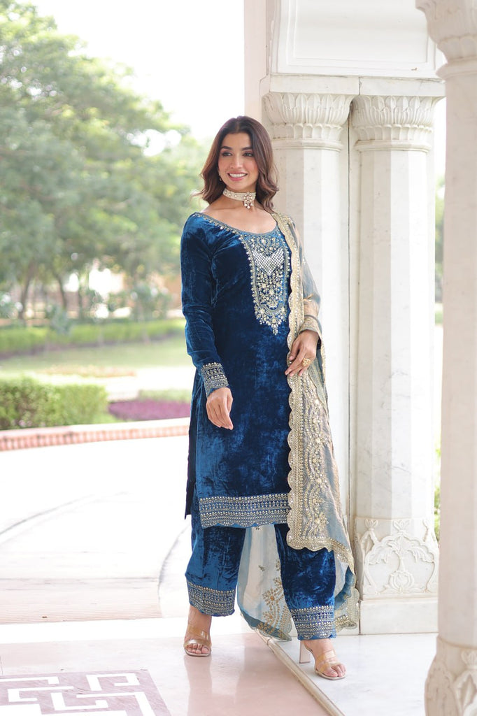 Blue Velvet Sequins & Zari Embroidered Premium Stitched Suit Set with Full-Sleeve Top, Velvet Pants & Fendy Cutwork Dupatta ClothsVilla