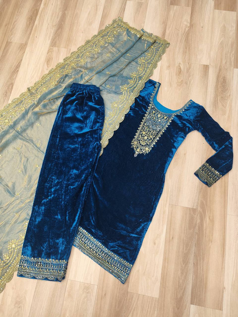 Blue Velvet Sequins & Zari Embroidered Premium Stitched Suit Set with Full-Sleeve Top, Velvet Pants & Fendy Cutwork Dupatta ClothsVilla