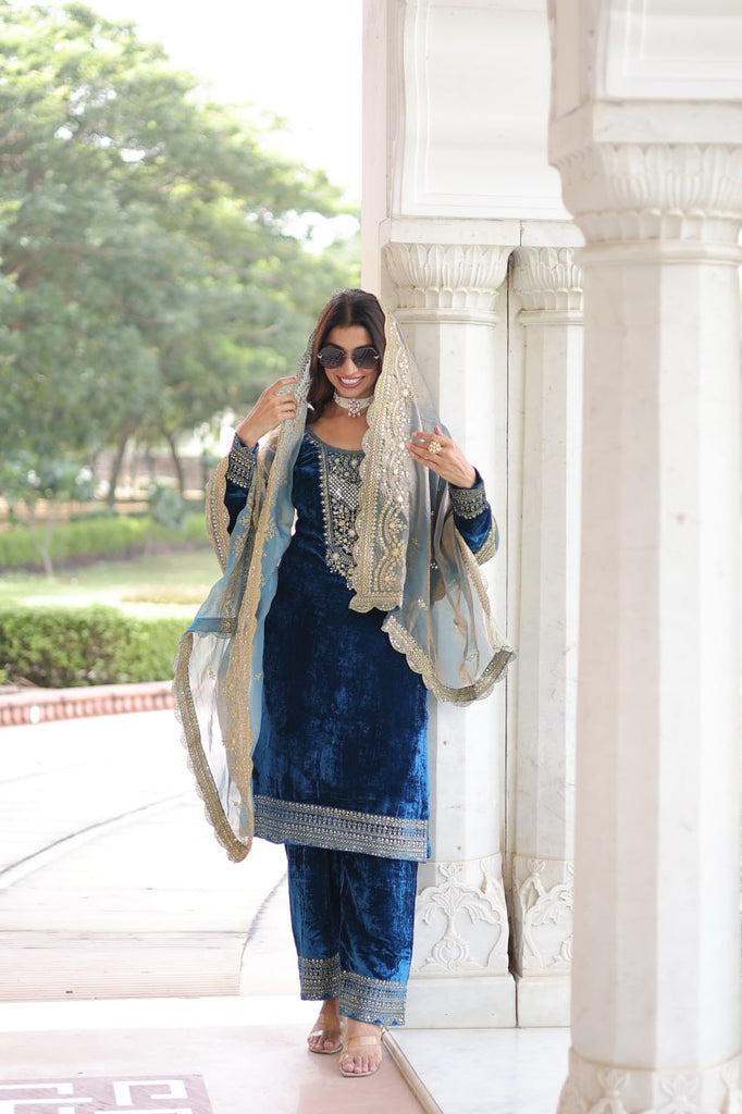 Blue Velvet Sequins & Zari Embroidered Premium Stitched Suit Set with Full-Sleeve Top, Velvet Pants & Fendy Cutwork Dupatta ClothsVilla