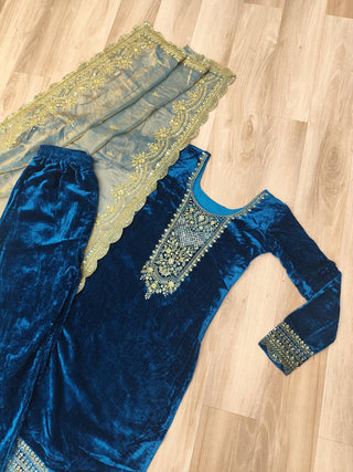Blue Velvet Sequins & Zari Embroidered Premium Stitched Suit Set with Full-Sleeve Top, Velvet Pants & Fendy Cutwork Dupatta ClothsVilla