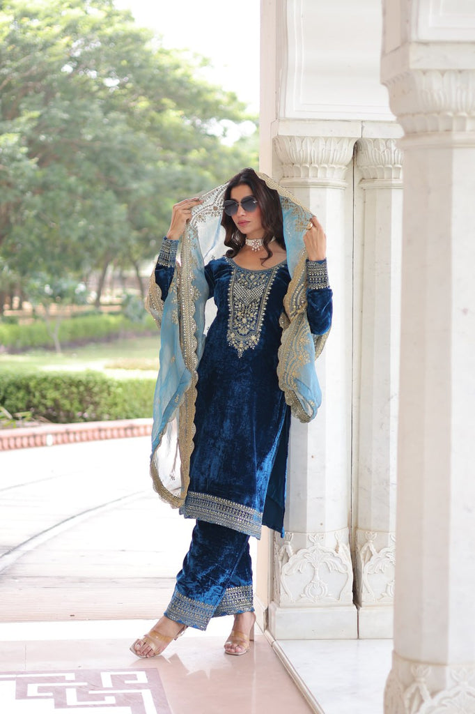 Blue Velvet Sequins & Zari Embroidered Premium Stitched Suit Set with Full-Sleeve Top, Velvet Pants & Fendy Cutwork Dupatta ClothsVilla