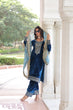 Load image into Gallery viewer, Blue Velvet Sequins &amp; Zari Embroidered Premium Stitched Suit Set with Full-Sleeve Top, Velvet Pants &amp; Fendy Cutwork Dupatta ClothsVilla