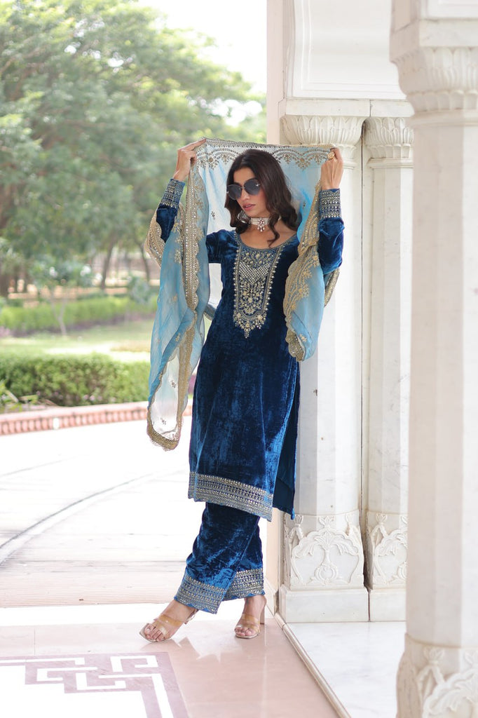 Blue Velvet Sequins & Zari Embroidered Premium Stitched Suit Set with Full-Sleeve Top, Velvet Pants & Fendy Cutwork Dupatta ClothsVilla