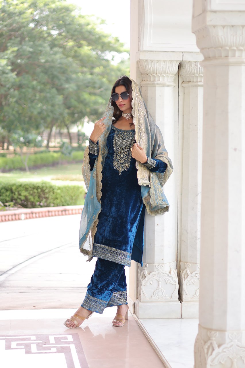 Blue Velvet Sequins & Zari Embroidered Premium Stitched Suit Set with Full-Sleeve Top, Velvet Pants & Fendy Cutwork Dupatta ClothsVilla