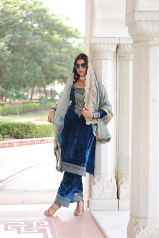 Blue Velvet Sequins & Zari Embroidered Premium Stitched Suit Set with Full-Sleeve Top, Velvet Pants & Fendy Cutwork Dupatta ClothsVilla