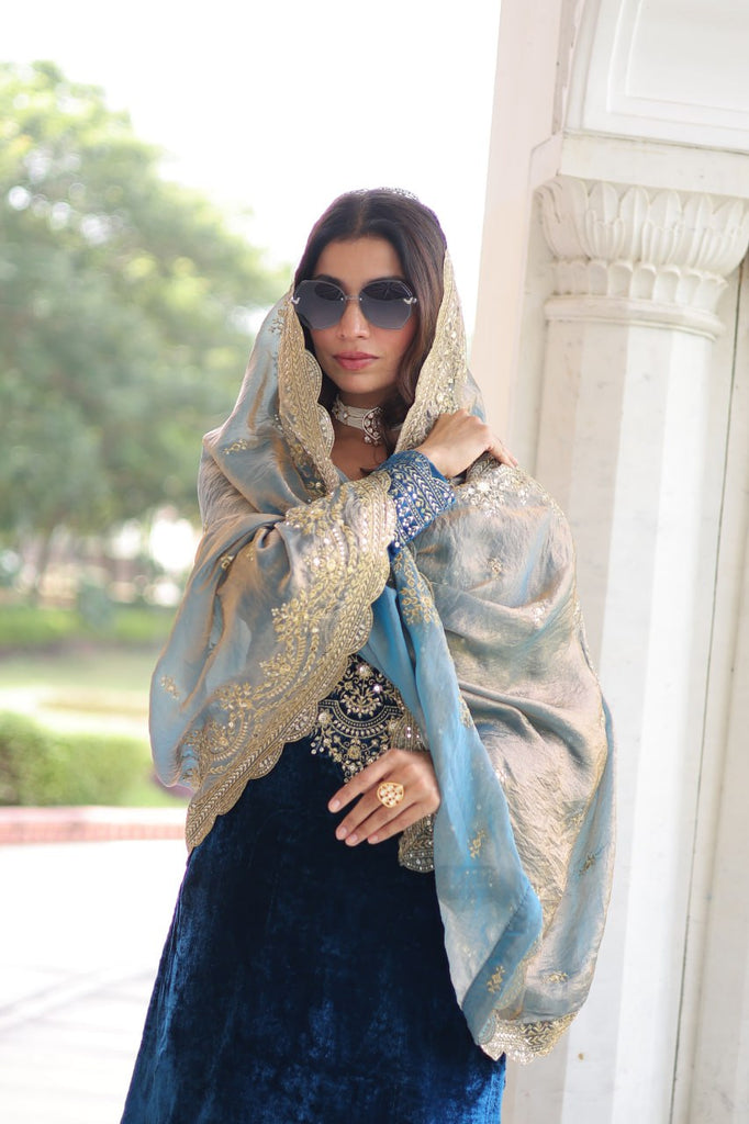 Blue Velvet Sequins & Zari Embroidered Premium Stitched Suit Set with Full-Sleeve Top, Velvet Pants & Fendy Cutwork Dupatta ClothsVilla