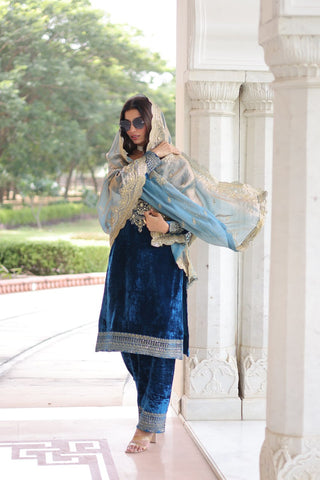 Blue Velvet Sequins & Zari Embroidered Premium Stitched Suit Set with Full-Sleeve Top, Velvet Pants & Fendy Cutwork Dupatta ClothsVilla