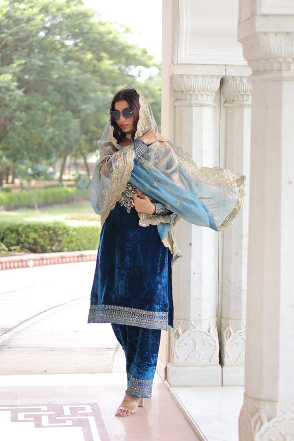 Blue Velvet Sequins & Zari Embroidered Premium Stitched Suit Set with Full-Sleeve Top, Velvet Pants & Fendy Cutwork Dupatta ClothsVilla