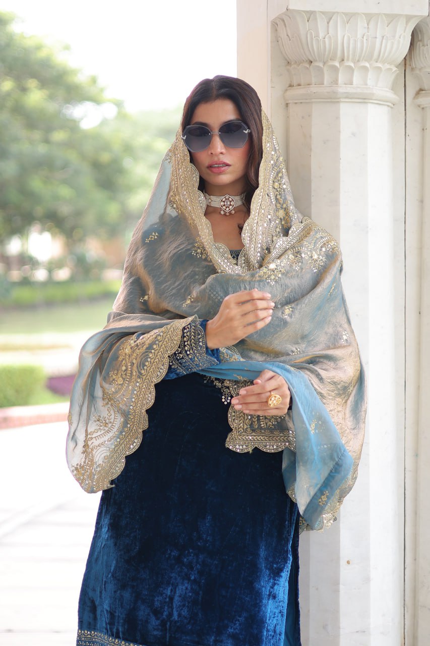 Blue Velvet Sequins & Zari Embroidered Premium Stitched Suit Set with Full-Sleeve Top, Velvet Pants & Fendy Cutwork Dupatta ClothsVilla