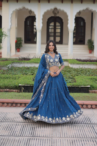 Blue Vichitra Silk Heavy Sequins & Thread Embroidered Lehenga Set with Unstitched Blouse & Designer Dupatta – Full-Stitched Lehenga ClothsVilla