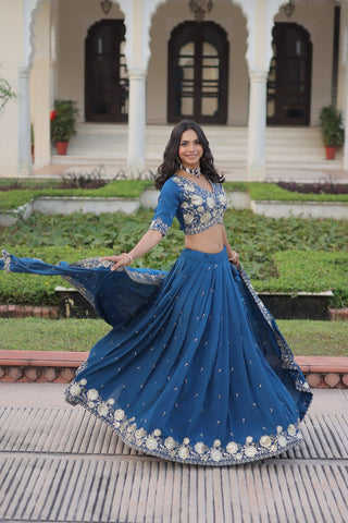 Blue Vichitra Silk Heavy Sequins & Thread Embroidered Lehenga Set with Unstitched Blouse & Designer Dupatta – Full-Stitched Lehenga ClothsVilla