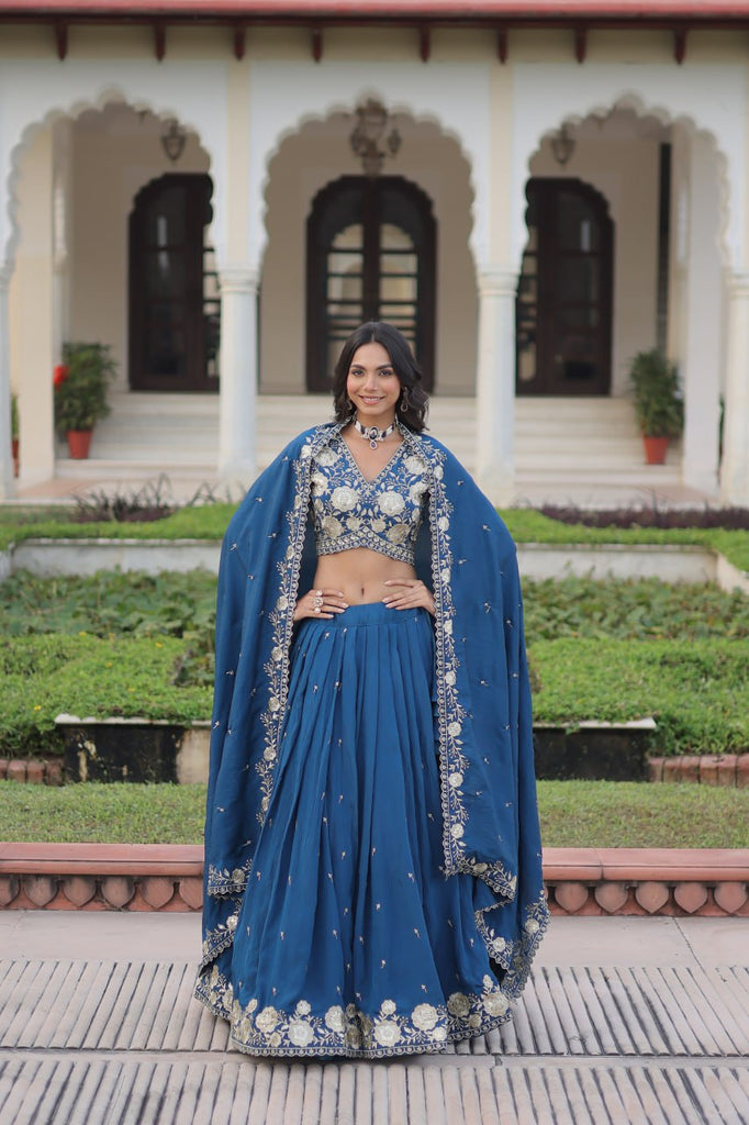 Blue Vichitra Silk Heavy Sequins & Thread Embroidered Lehenga Set with Unstitched Blouse & Designer Dupatta – Full-Stitched Lehenga ClothsVilla