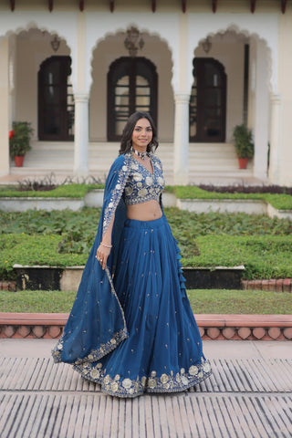 Blue Vichitra Silk Heavy Sequins & Thread Embroidered Lehenga Set with Unstitched Blouse & Designer Dupatta – Full-Stitched Lehenga ClothsVilla