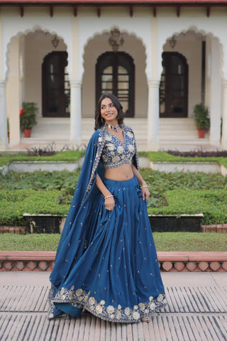 Blue Vichitra Silk Heavy Sequins & Thread Embroidered Lehenga Set with Unstitched Blouse & Designer Dupatta – Full-Stitched Lehenga ClothsVilla