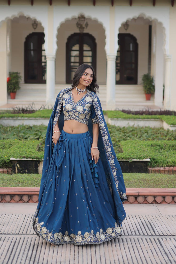 Blue Vichitra Silk Heavy Sequins & Thread Embroidered Lehenga Set with Unstitched Blouse & Designer Dupatta – Full-Stitched Lehenga ClothsVilla