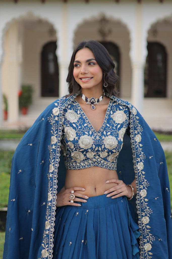 Blue Vichitra Silk Heavy Sequins & Thread Embroidered Lehenga Set with Unstitched Blouse & Designer Dupatta – Full-Stitched Lehenga ClothsVilla