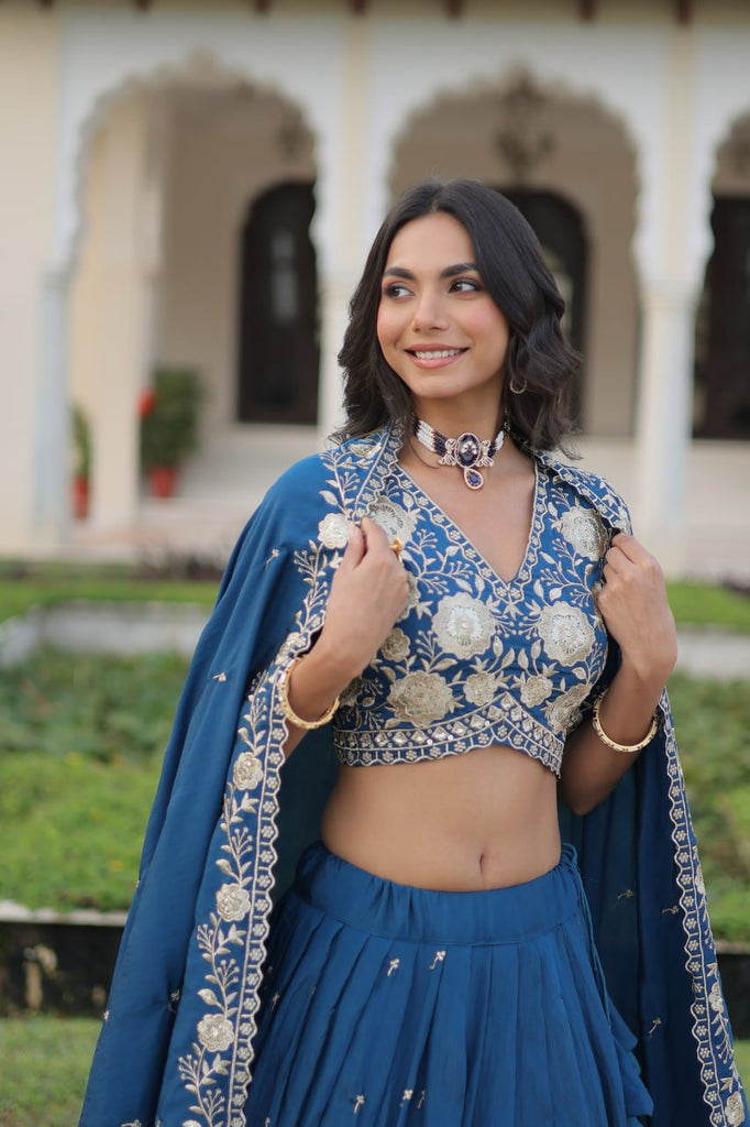 Blue Vichitra Silk Heavy Sequins & Thread Embroidered Lehenga Set with Unstitched Blouse & Designer Dupatta – Full-Stitched Lehenga ClothsVilla