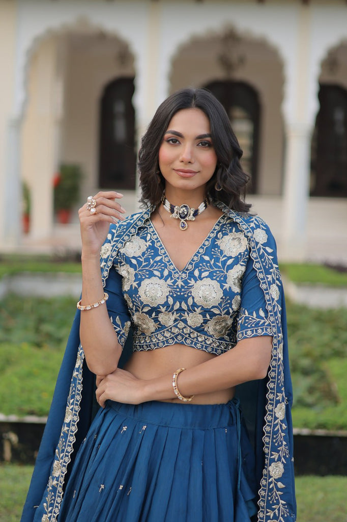Blue Vichitra Silk Heavy Sequins & Thread Embroidered Lehenga Set with Unstitched Blouse & Designer Dupatta – Full-Stitched Lehenga ClothsVilla