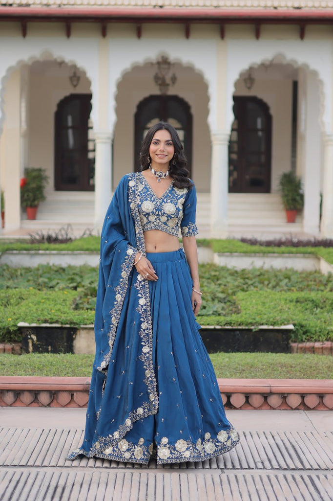 Blue Vichitra Silk Heavy Sequins & Thread Embroidered Lehenga Set with Unstitched Blouse & Designer Dupatta – Full-Stitched Lehenga ClothsVilla