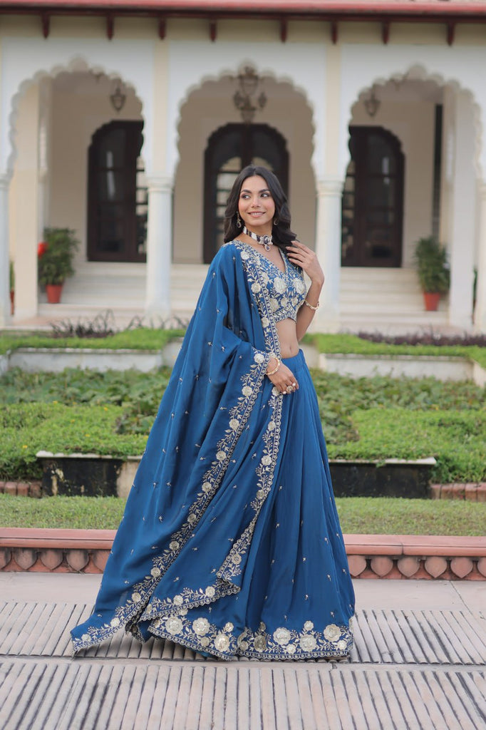 Blue Vichitra Silk Heavy Sequins & Thread Embroidered Lehenga Set with Unstitched Blouse & Designer Dupatta – Full-Stitched Lehenga ClothsVilla