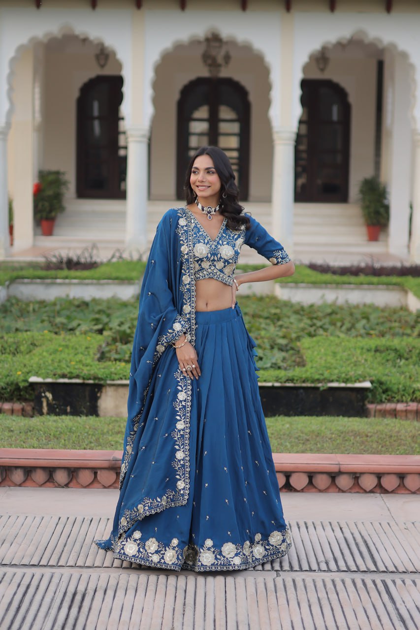 Blue Vichitra Silk Heavy Sequins & Thread Embroidered Lehenga Set with Unstitched Blouse & Designer Dupatta – Full-Stitched Lehenga ClothsVilla