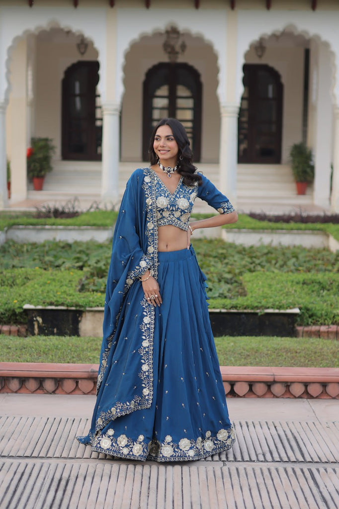 Blue Vichitra Silk Heavy Sequins & Thread Embroidered Lehenga Set with Unstitched Blouse & Designer Dupatta – Full-Stitched Lehenga ClothsVilla