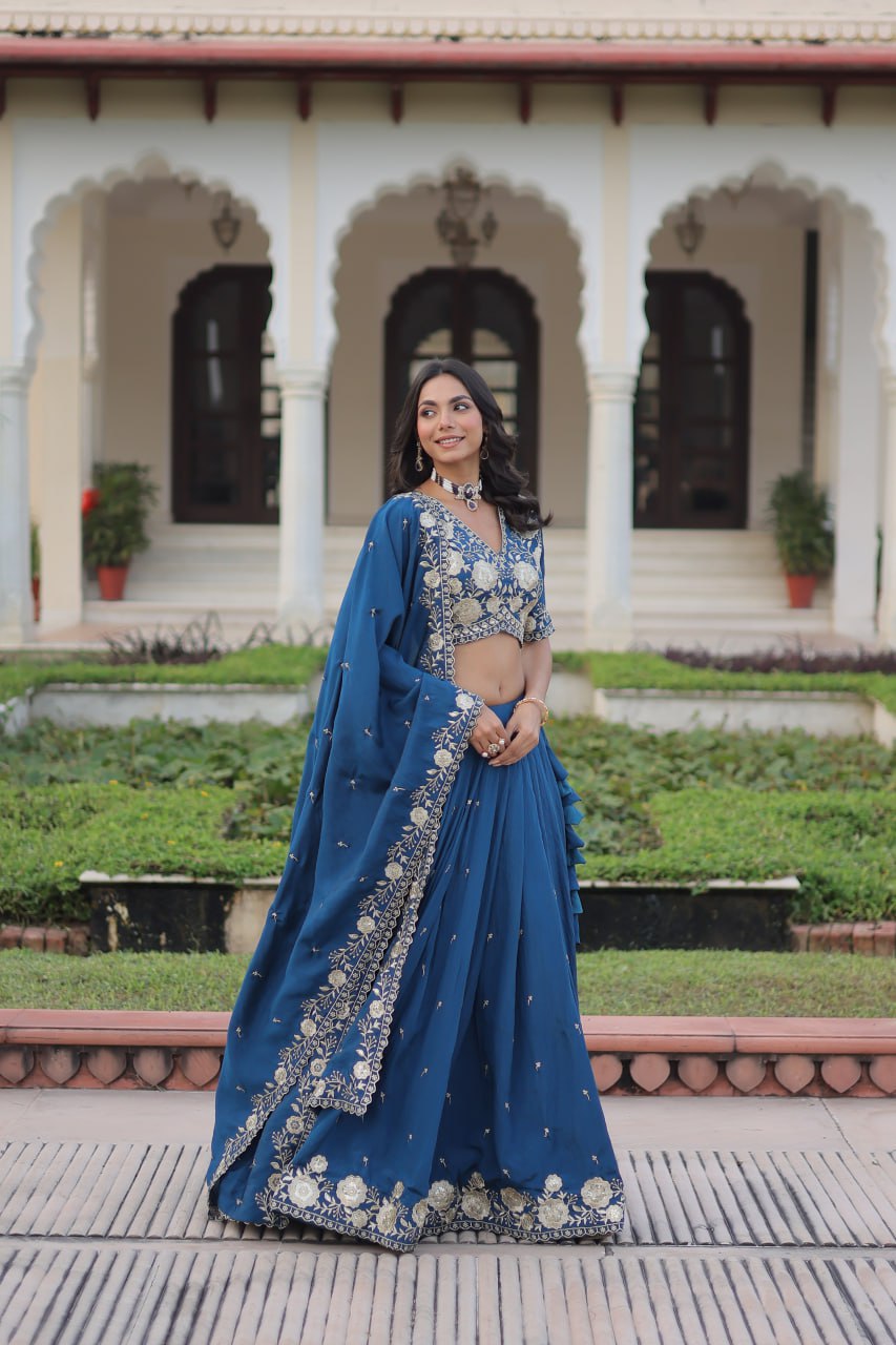 Blue Vichitra Silk Heavy Sequins & Thread Embroidered Lehenga Set with Unstitched Blouse & Designer Dupatta – Full-Stitched Lehenga ClothsVilla