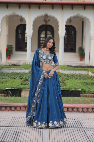 Blue Vichitra Silk Heavy Sequins & Thread Embroidered Lehenga Set with Unstitched Blouse & Designer Dupatta – Full-Stitched Lehenga ClothsVilla