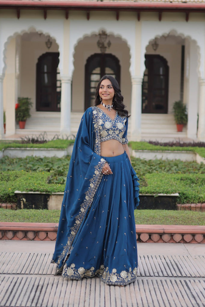 Blue Vichitra Silk Heavy Sequins & Thread Embroidered Lehenga Set with Unstitched Blouse & Designer Dupatta – Full-Stitched Lehenga ClothsVilla