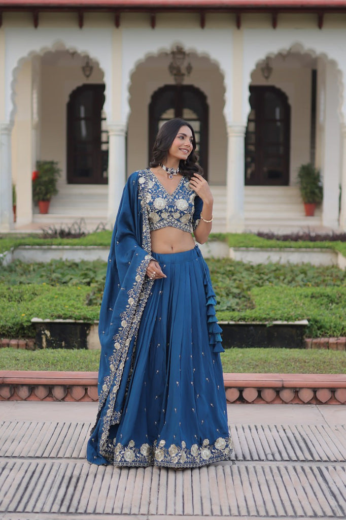 Blue Vichitra Silk Heavy Sequins & Thread Embroidered Lehenga Set with Unstitched Blouse & Designer Dupatta – Full-Stitched Lehenga ClothsVilla