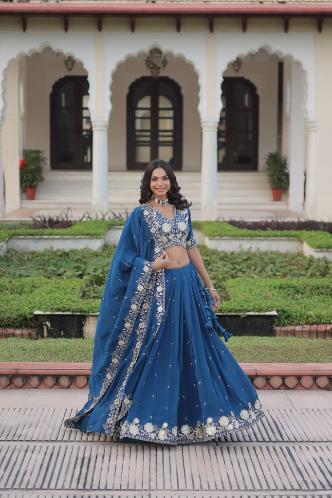 Blue Vichitra Silk Heavy Sequins & Thread Embroidered Lehenga Set with Unstitched Blouse & Designer Dupatta – Full-Stitched Lehenga ClothsVilla