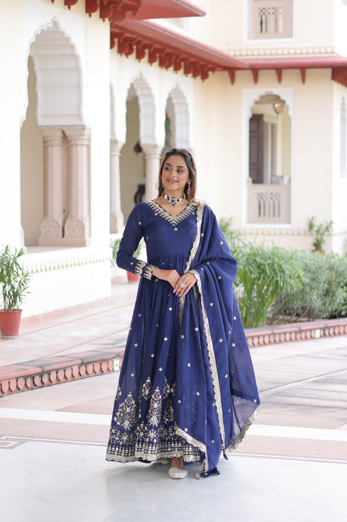 Blue Vichitra Silk Sequins Embroidered Anarkali Gown with Fancy V-Neck & Designer Dupatta – Fully Stitched Party & Festive Wear ClothsVilla