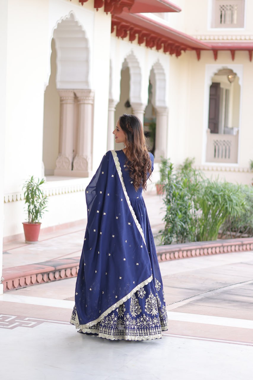 Blue Vichitra Silk Sequins Embroidered Anarkali Gown with Fancy V-Neck & Designer Dupatta – Fully Stitched Party & Festive Wear ClothsVilla