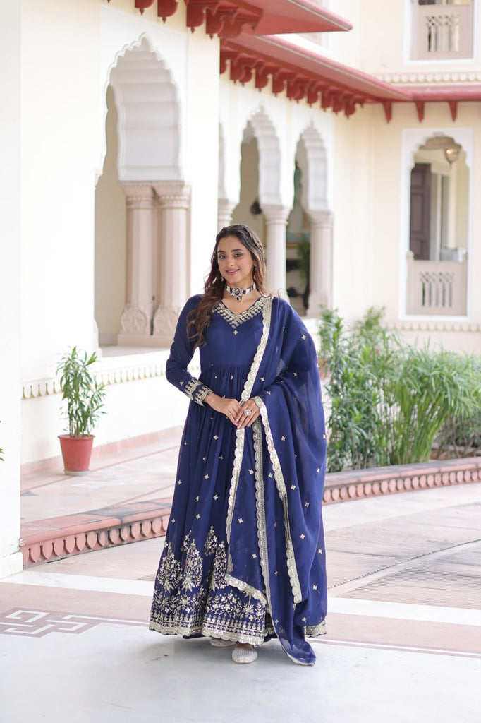 Blue Vichitra Silk Sequins Embroidered Anarkali Gown with Fancy V-Neck & Designer Dupatta – Fully Stitched Party & Festive Wear ClothsVilla