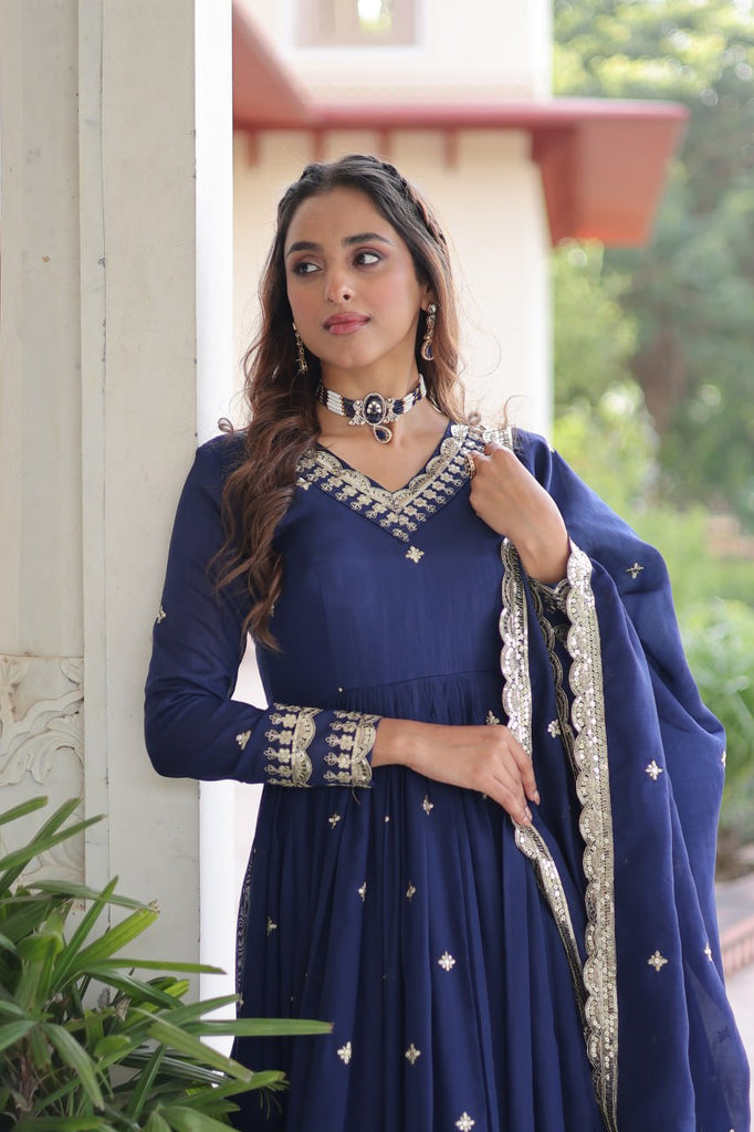 Blue Vichitra Silk Sequins Embroidered Anarkali Gown with Fancy V-Neck & Designer Dupatta – Fully Stitched Party & Festive Wear ClothsVilla