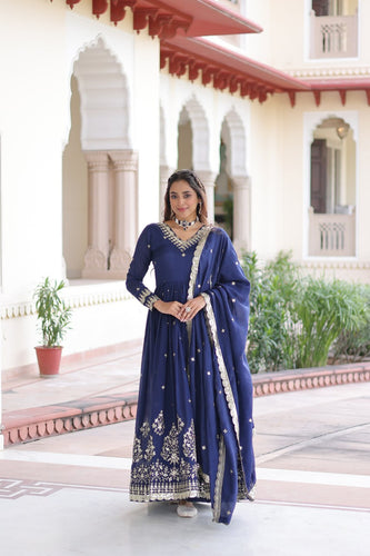 Blue Vichitra Silk Sequins Embroidered Anarkali Gown with Fancy V-Neck & Designer Dupatta – Fully Stitched Party & Festive Wear ClothsVilla