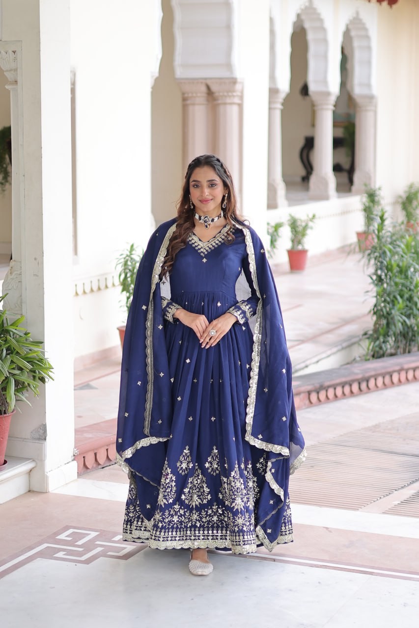 Blue Vichitra Silk Sequins Embroidered Anarkali Gown with Fancy V-Neck & Designer Dupatta – Fully Stitched Party & Festive Wear ClothsVilla