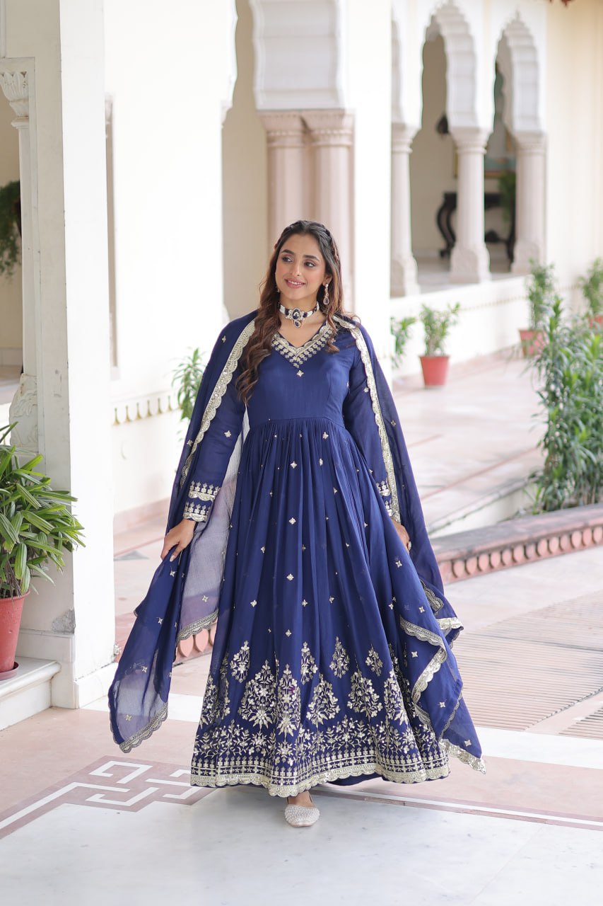 Blue Vichitra Silk Sequins Embroidered Anarkali Gown with Fancy V-Neck & Designer Dupatta – Fully Stitched Party & Festive Wear ClothsVilla