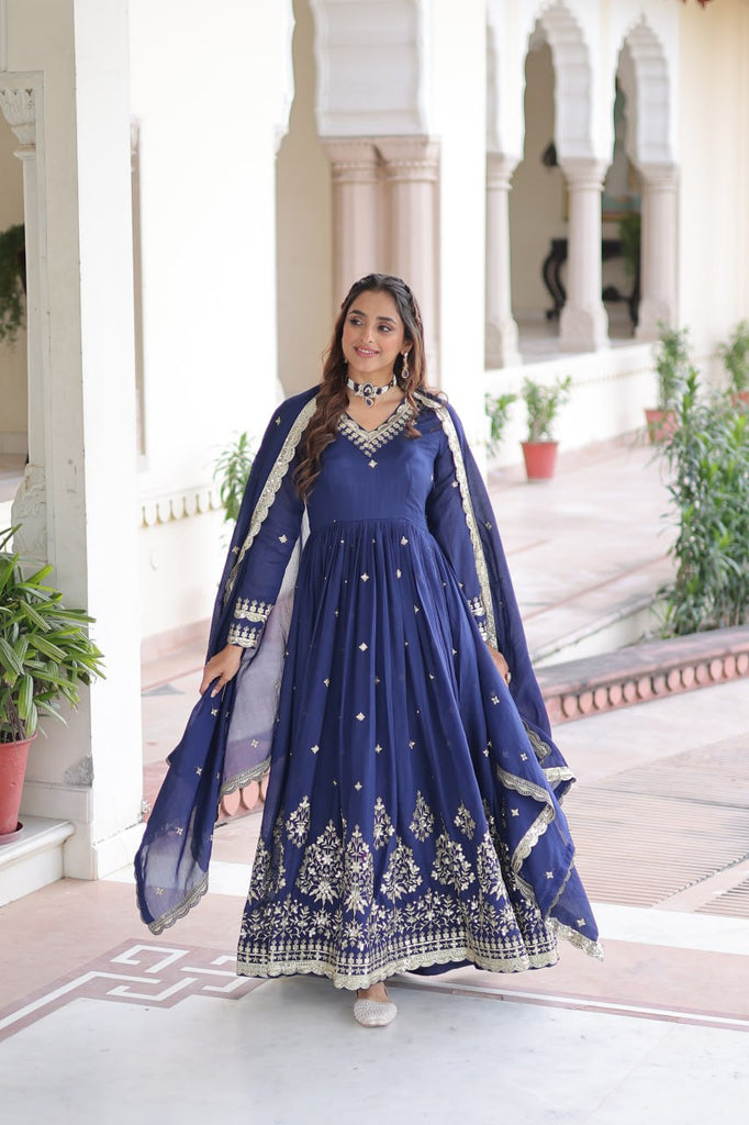 Blue Vichitra Silk Sequins Embroidered Anarkali Gown with Fancy V-Neck & Designer Dupatta – Fully Stitched Party & Festive Wear ClothsVilla
