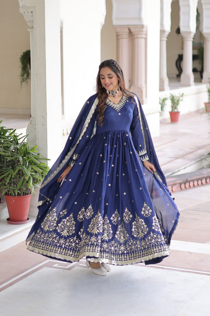 Blue Vichitra Silk Sequins Embroidered Anarkali Gown with Fancy V-Neck & Designer Dupatta – Fully Stitched Party & Festive Wear ClothsVilla
