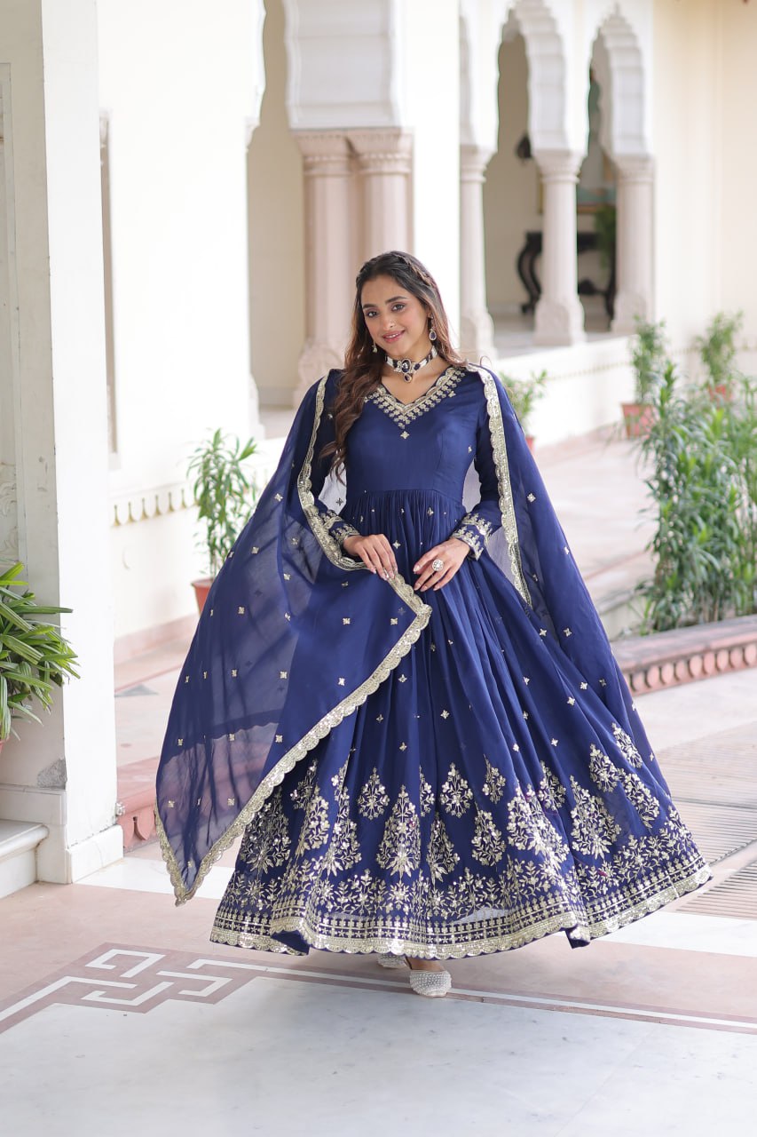 Blue Vichitra Silk Sequins Embroidered Anarkali Gown with Fancy V-Neck & Designer Dupatta – Fully Stitched Party & Festive Wear ClothsVilla Main image