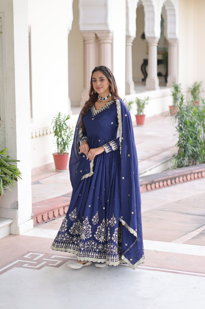 Blue Vichitra Silk Sequins Embroidered Anarkali Gown with Fancy V-Neck & Designer Dupatta – Fully Stitched Party & Festive Wear ClothsVilla