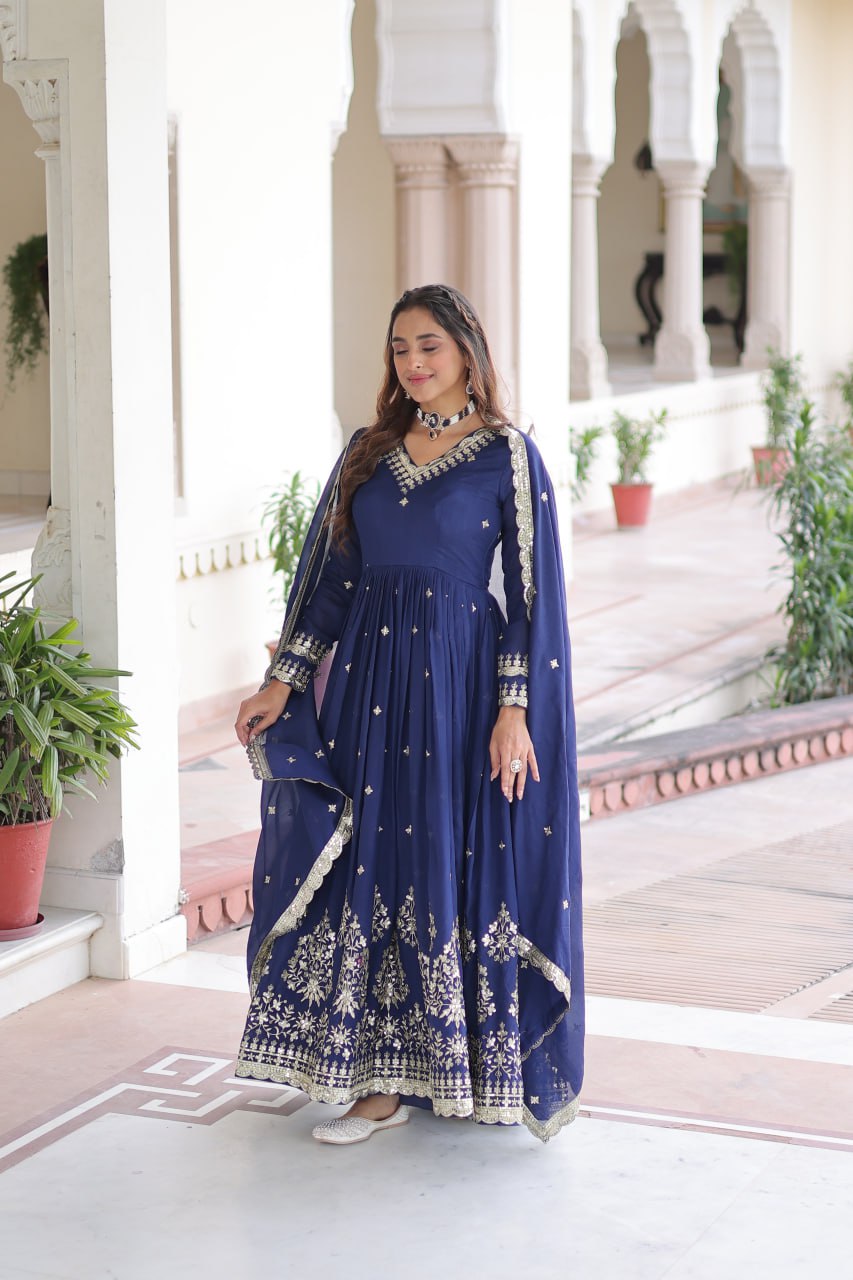 Blue Vichitra Silk Sequins Embroidered Anarkali Gown with Fancy V-Neck & Designer Dupatta – Fully Stitched Party & Festive Wear ClothsVilla