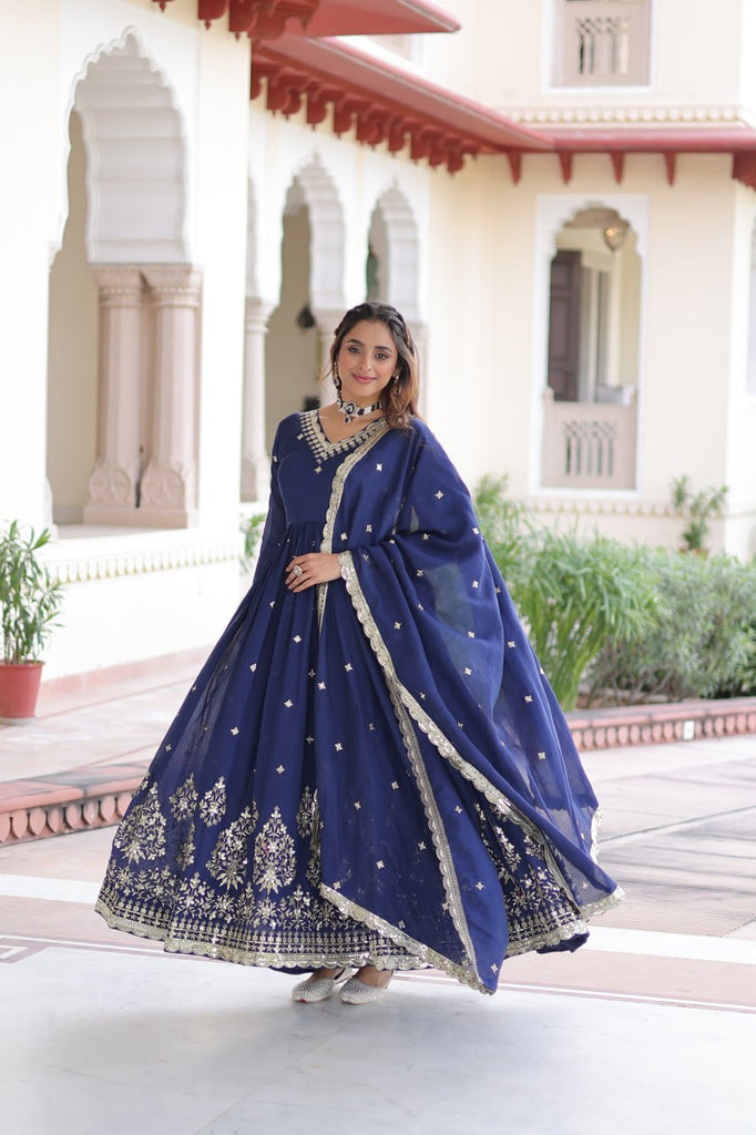 Blue Vichitra Silk Sequins Embroidered Anarkali Gown with Fancy V-Neck & Designer Dupatta – Fully Stitched Party & Festive Wear ClothsVilla