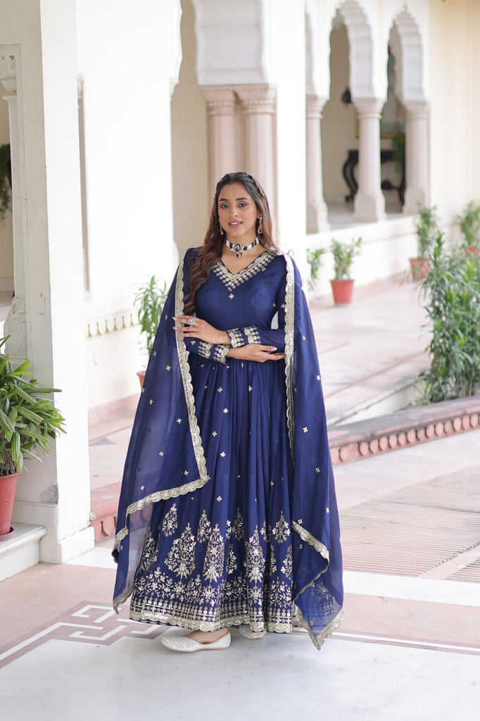 Blue Vichitra Silk Sequins Embroidered Anarkali Gown with Fancy V-Neck & Designer Dupatta – Fully Stitched Party & Festive Wear ClothsVilla