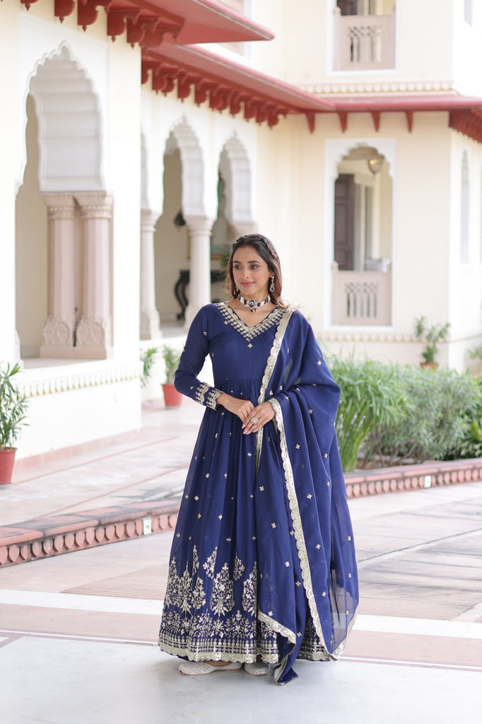 Blue Vichitra Silk Sequins Embroidered Anarkali Gown with Fancy V-Neck & Designer Dupatta – Fully Stitched Party & Festive Wear ClothsVilla