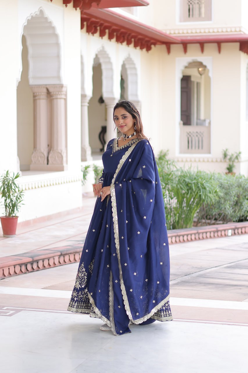 Blue Vichitra Silk Sequins Embroidered Anarkali Gown with Fancy V-Neck & Designer Dupatta – Fully Stitched Party & Festive Wear ClothsVilla